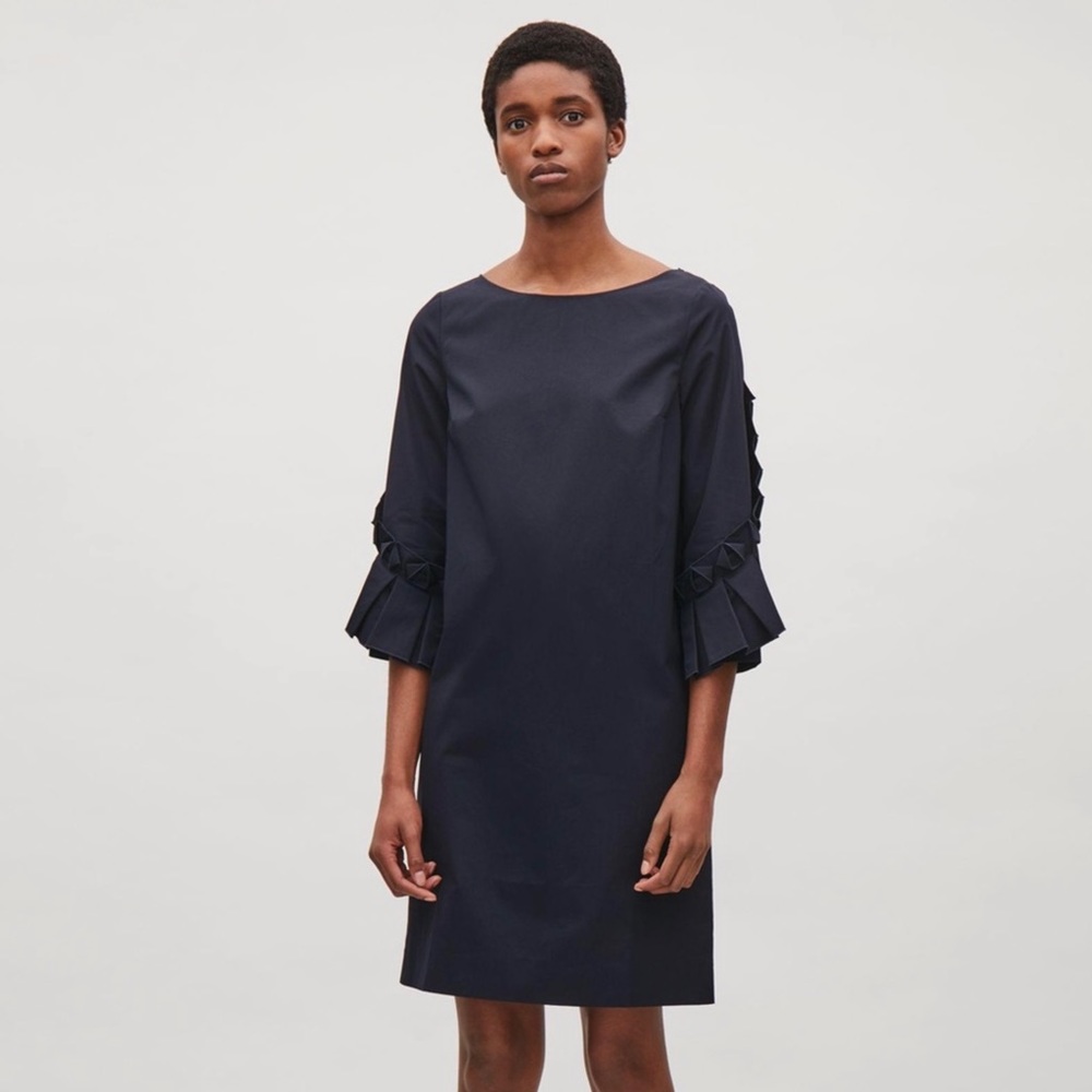 Cos Origami Ruffle Sleeve Navy Dress Sz 10 Runs Small